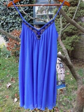 Express Beaded V-Neck Spaghetti Strap Chiffon Trapez  Dress Blue Medium